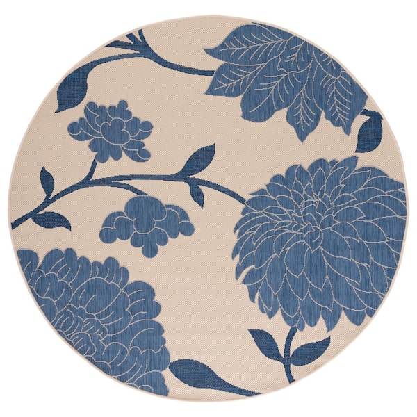 Courtyard Beige/Blue 5 ft. x 5 ft. Floral Scroll Indoor/Outdoor Round Area Rug