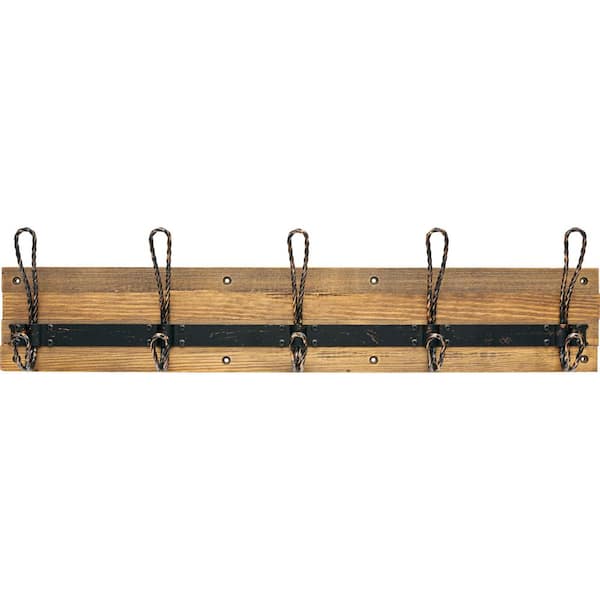 Home Decorators Collection 27 in. Rustic Pine and Distressed Brass Hook Rack