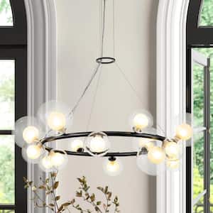 Colebrook 14-Light Black Modern Round Wagon Wheel Chandelier for Living Room with Tiered Glass Shade