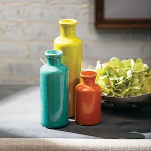 10", 7.5" and 5" Green, Blue and Orange Ceramic Bottle Vase (Set of 3)