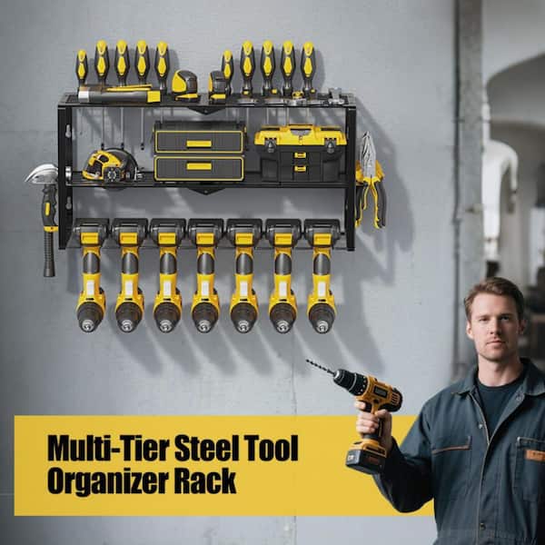Jeasor Scaffale Metallico Per Utensili Elettrici – Organizer Da Parete Con Ganci E Scatole, Rustico Nero - 4