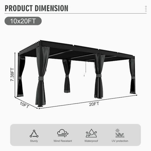 10 ft. x 20 ft. Black Steel Pergola with Adjustable Louvered Roof, Curtains and Netting for Patio