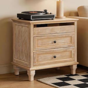 Natural 3-Drawer Nightstand with Charging Station, Farmhouse Bedside Table