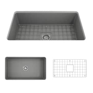 Sotto Undermount Fireclay 32 in. Single Bowl Kitchen Sink with Bottom Grid and Strainer in Matte Gray