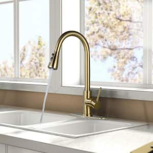 Contemporary Ceramic Valve Single Handle Pull Down Sprayer Kitchen Faucet Surface-Mounted in Brushed Gold