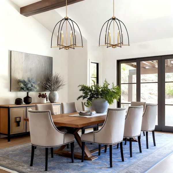 Modern Farmhouse 23.6 in. 6-Light Black and Gold Caged Chandelier, Lantern Pendant Lighting, Kitchen Island, Dining Room