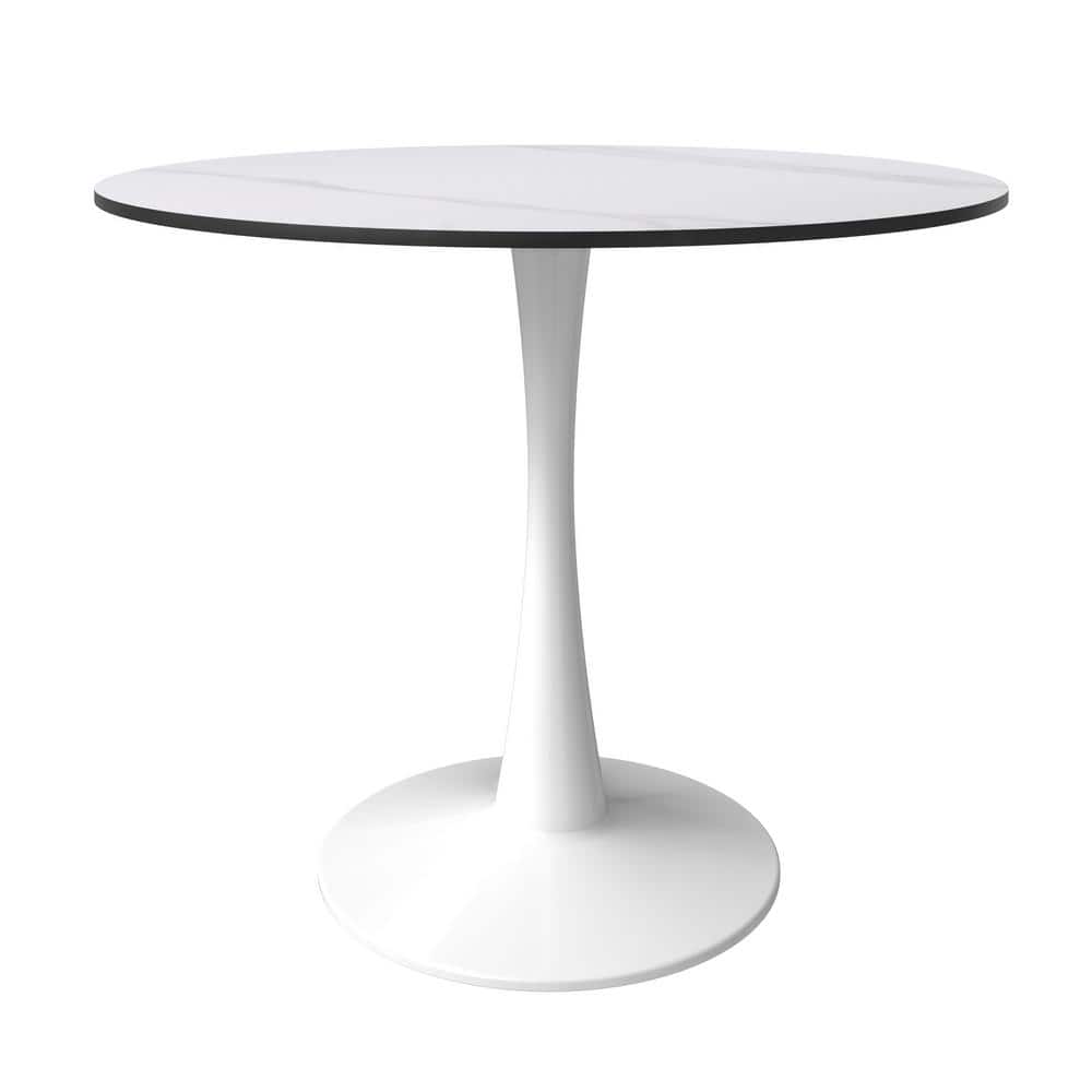 White Round Sintered Stone Dining Table with Steel Pedestal Base