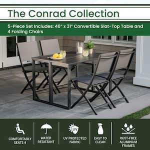 Conrad Gray 5-Piece Aluminum Outdoor Dining Set with 4 Folding Sling Chairs and Convertible Slatted Table