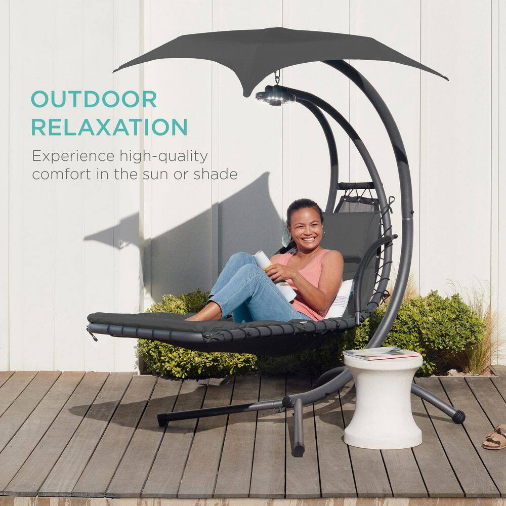 Gray Hanging LED-Lit Curved Chaise Lounge Chair with Canopy