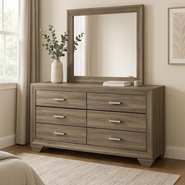 Bello Taupe and Silver 6 Drawer 16.5 in. Dresser with Mirror
