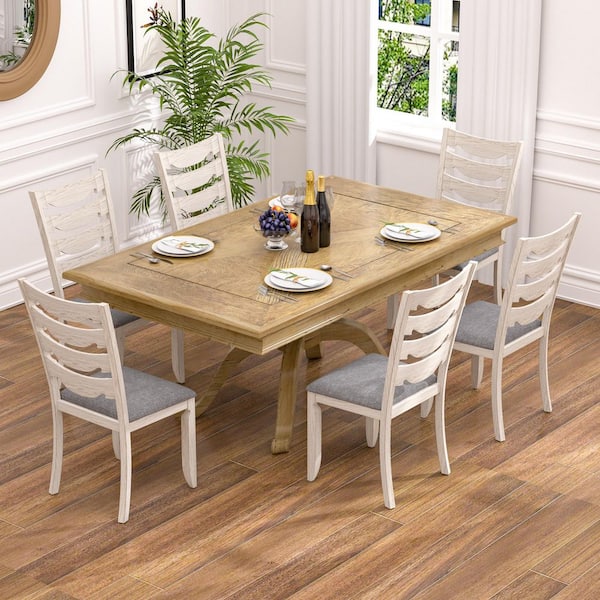 Set of 6 Wooden Ladder Back Dining Chairs with Padded Seat, Gray Farmhouse Kitchen Chairs for Home, Restaurant