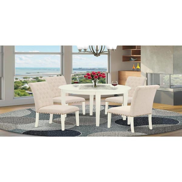 East West Furniture 5-Piece Linen white Solid Wood Top - Round Dining Room Set - Seats 4