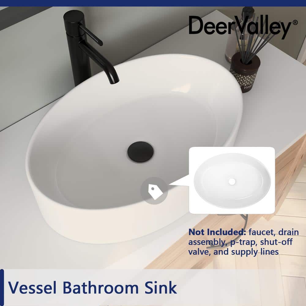 White Ceramic Oval Vessel Bathroom Sink, 19.7"