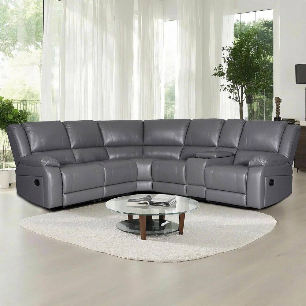 109 in. 6 Pieces Modular Modern Contemporary Faux Leather Manual Recliner Sectional Sofa in Gray