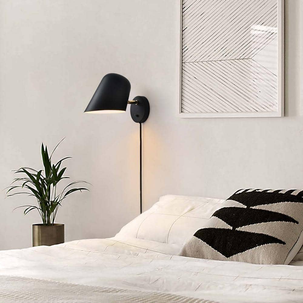 Matte Black and Brushed Brass Plug-In Wall Sconce with LED Light