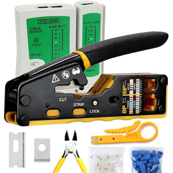 Pass Through RJ45 Crimp Tool Kit Ethernet Crimper CAT5 Cat5e Cat6 with Tester and Stripper Components