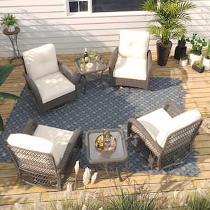 6-Piece Patio Wicker Conversation Set with Beige Cushions and Side Table-Swivel, Rock, and Relax in Style