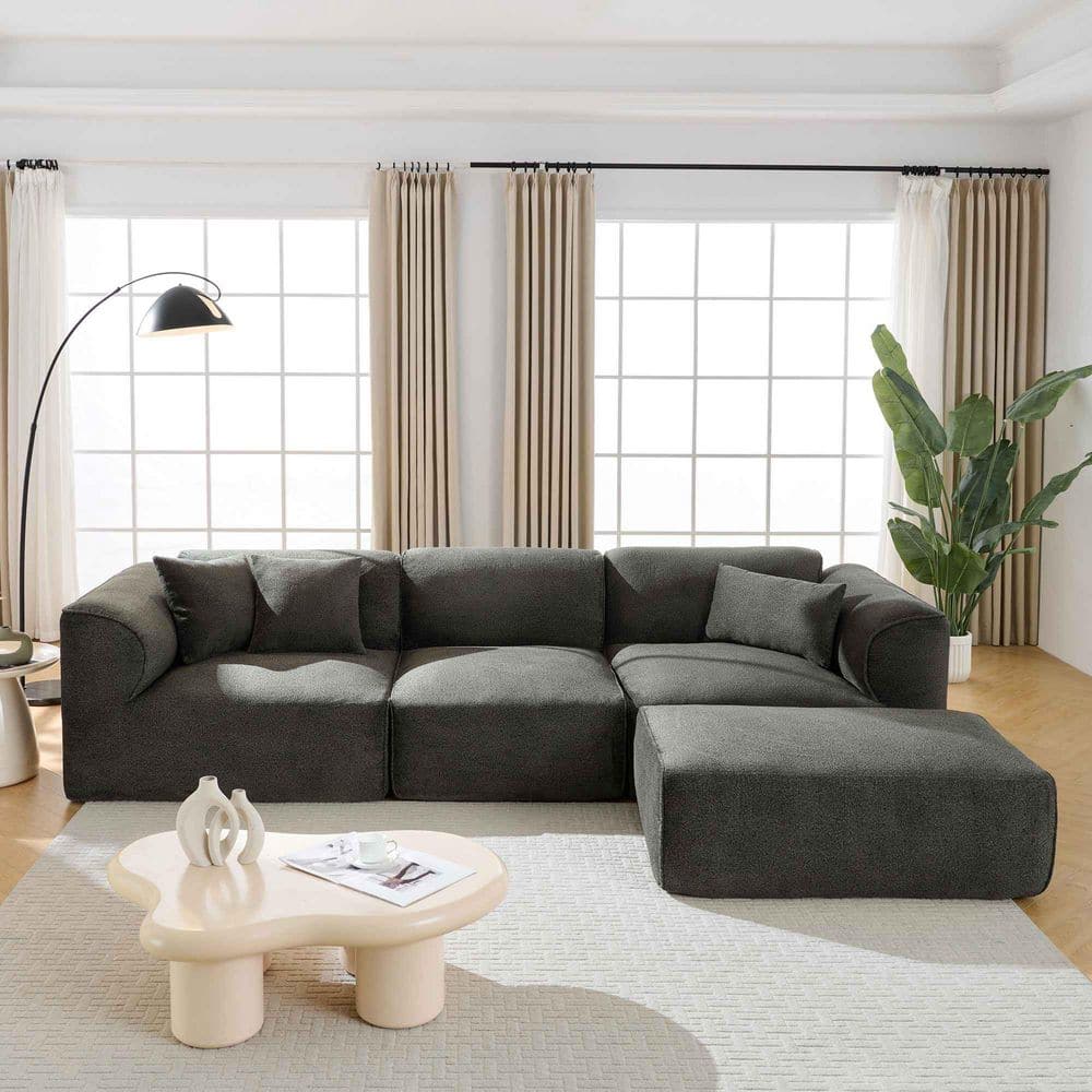 122.1 in. Square Arm Polyester Sectional Sofa with a detachable footstool, 3 throw pillows in. Grayish Green