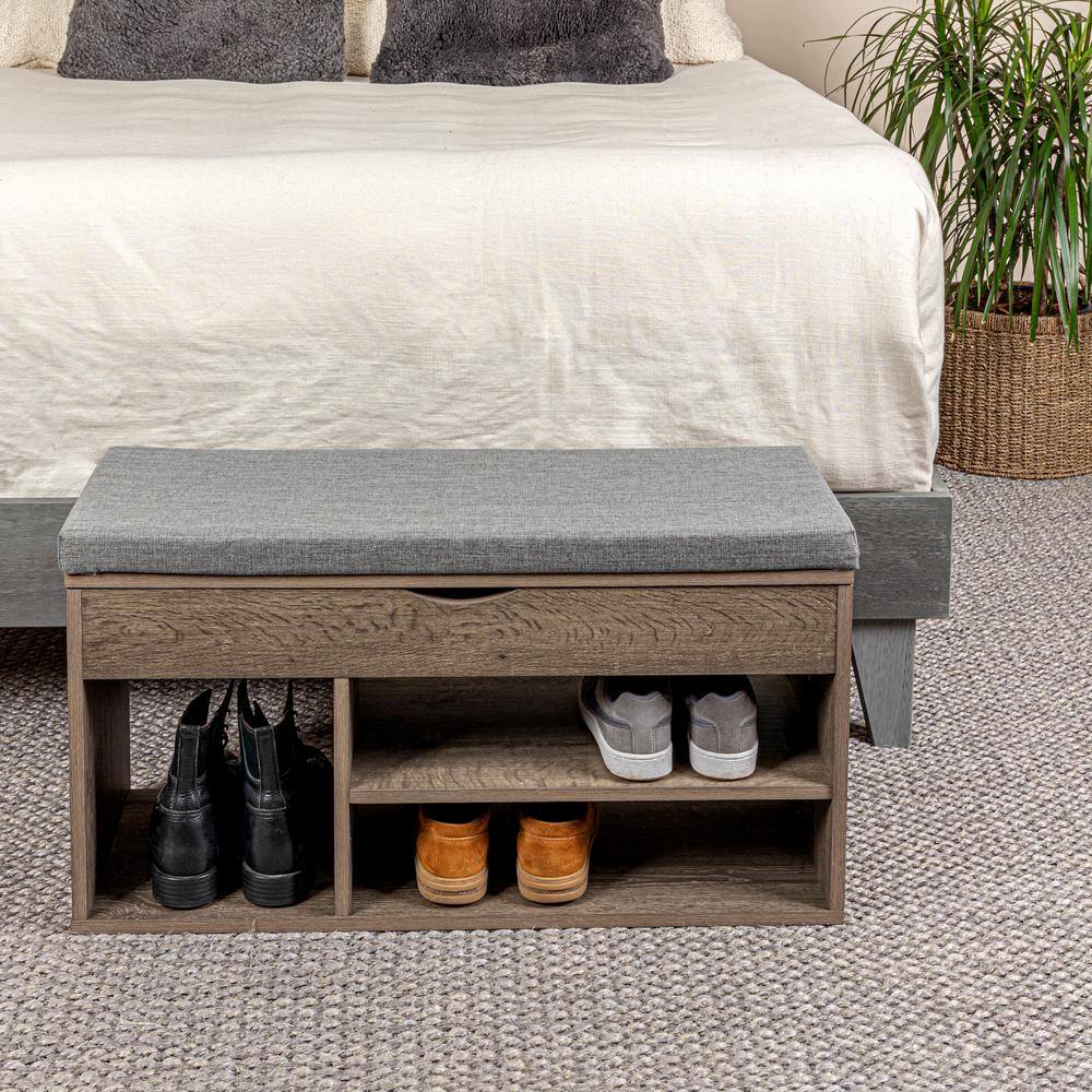 Ashwood Gray Linen Storage Bench with Lift-Top Lid and Cubbies