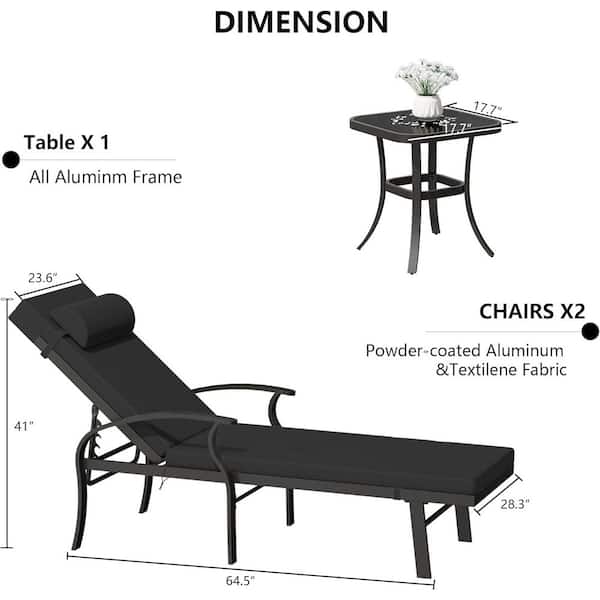 3-Piece Aluminum Outdoor Chaise Lounge with Glass Table, Armrest and Cushion Black