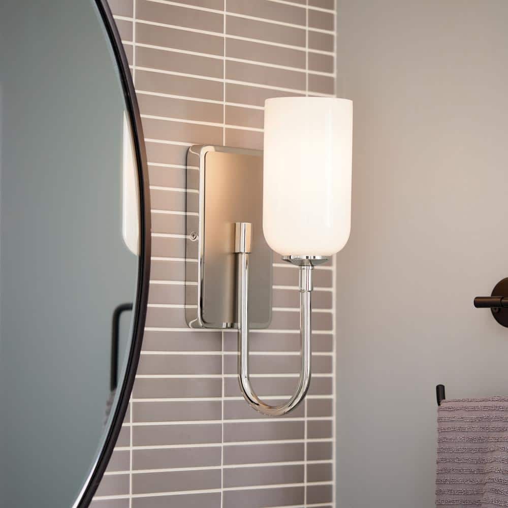 Solia 13.5 in. 1-Light Polished Nickel with Stain Nickel Bathroom Wall Sconce Light with Opal Glass Shade price history on PriceWatchPro
