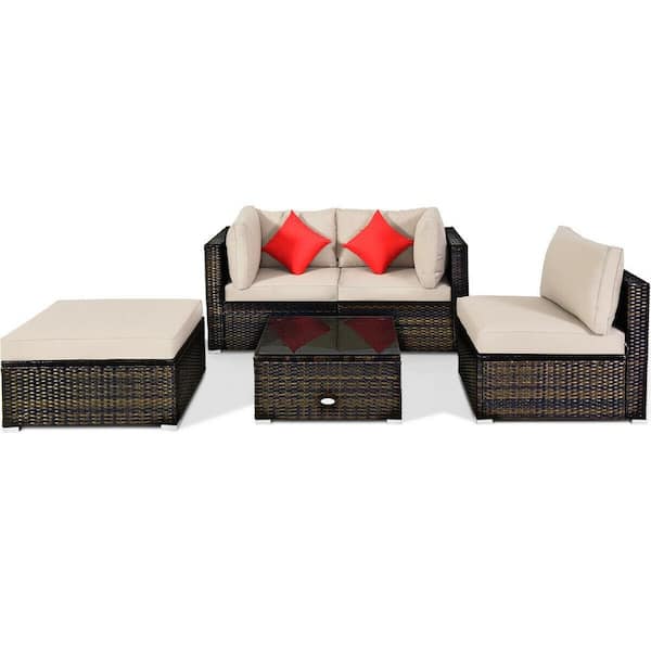 ANGELES HOME 5-Piece PE Wicker Outdoor Patio Conversation Sectional Sofa Set with Beige Cushions and Ottoman