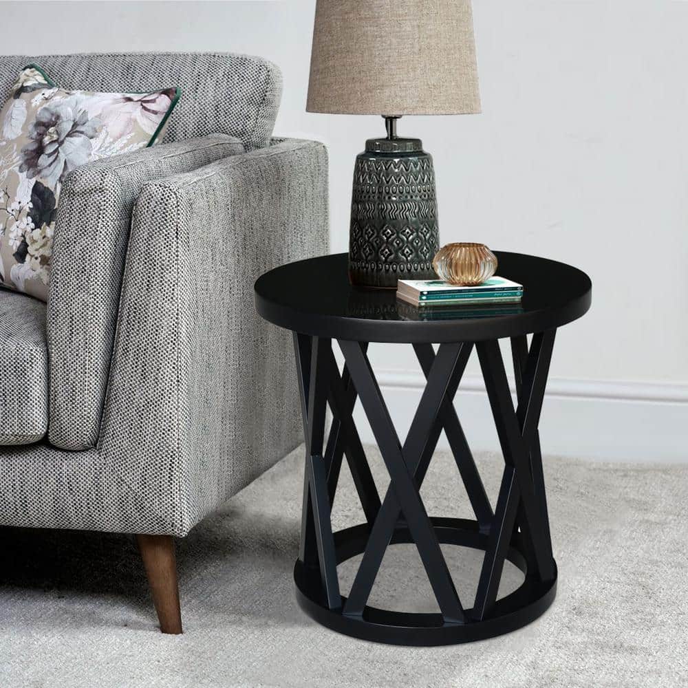 24" Black Solid Wood Round End Table with Geometric Base