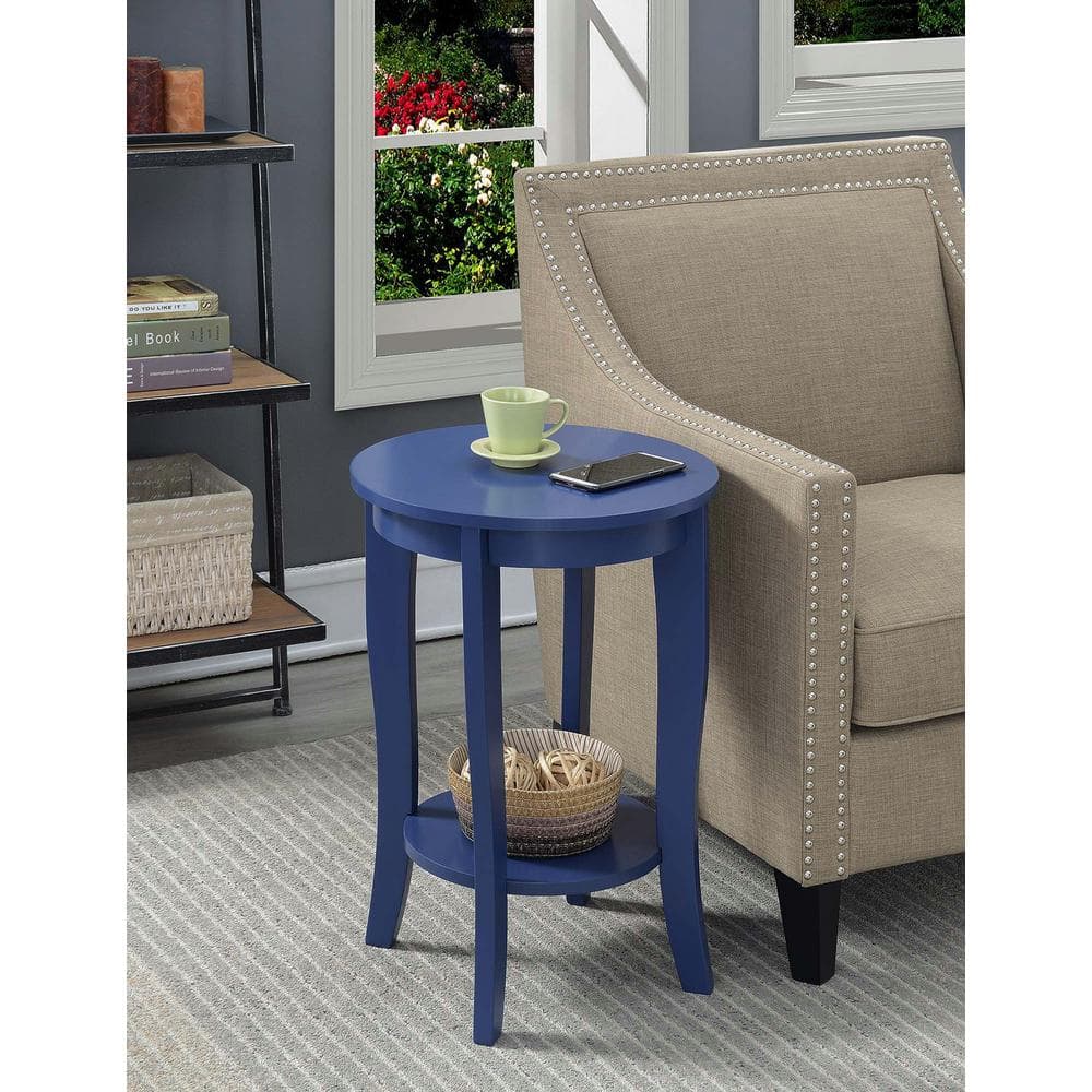 Cobalt Blue Round Wood End Table with Shelf