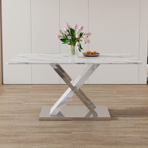 Modern Rectangle White Faux Marble 68.9 in. Pedestal Dining Table Seats for 6