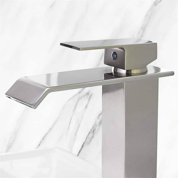 FLG Single Handle Single Hole Waterfall Bathroom Faucet with Deckplate 304 Stainless Steel Sink Basin Taps in Brushed Nickel