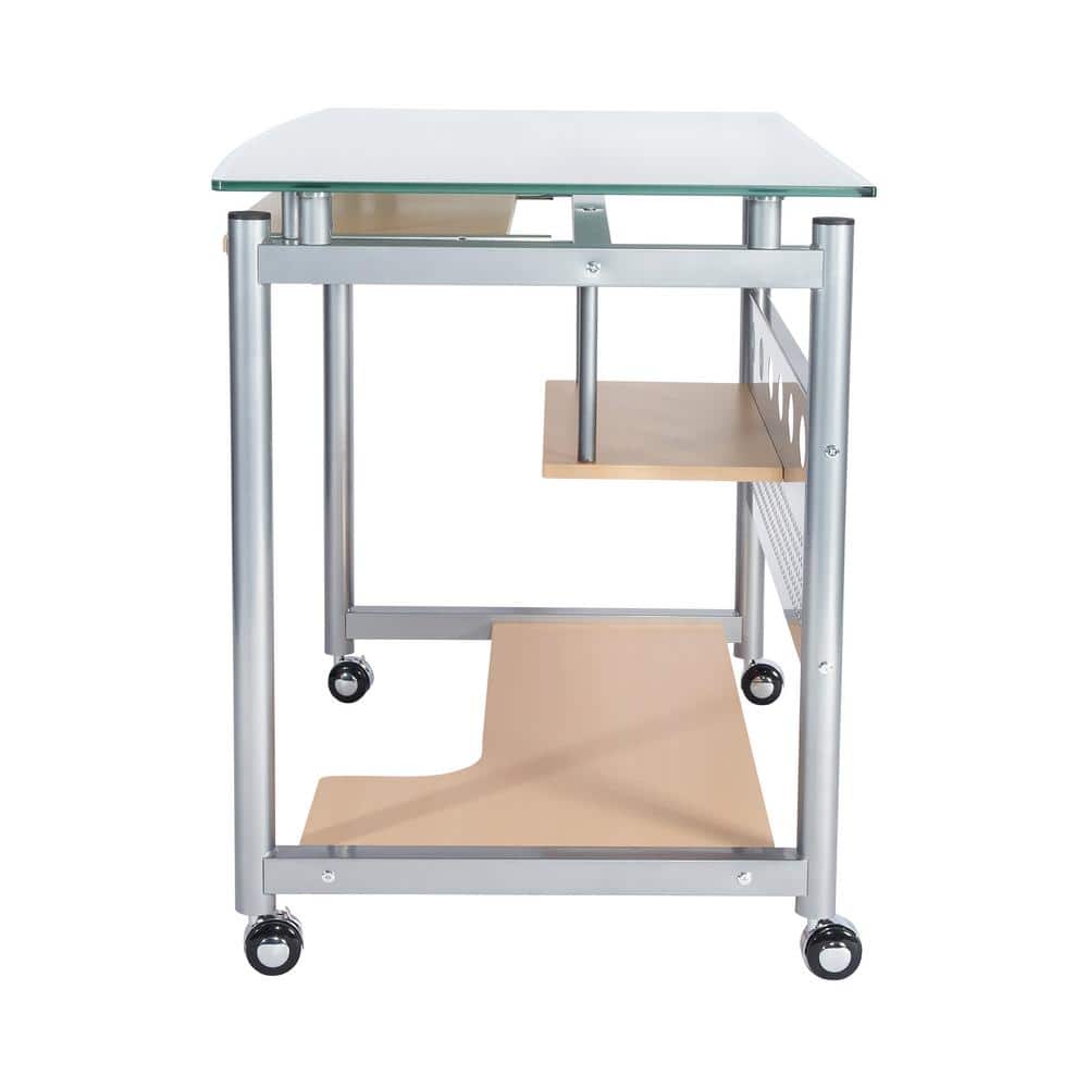 Frosted Glass and Silver Steel Rolling Computer Desk with Keyboard Tray