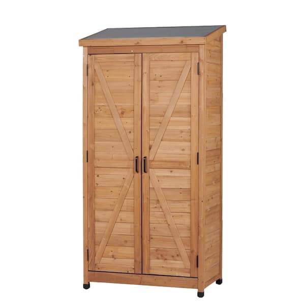2.8 ft. W x 1.5 ft. D Wood Shed with Double Door&Metal Top Tall Vertical Tool Cabinet for Patio-Natural (4.2 sq. ft. )