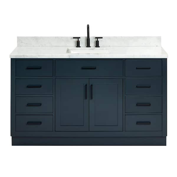 Hepburn 60 in. W x 22 in. D x 36 in. H Bath Vanity in Midnight Blue with Carrara Marble Vanity Top with White Basin
