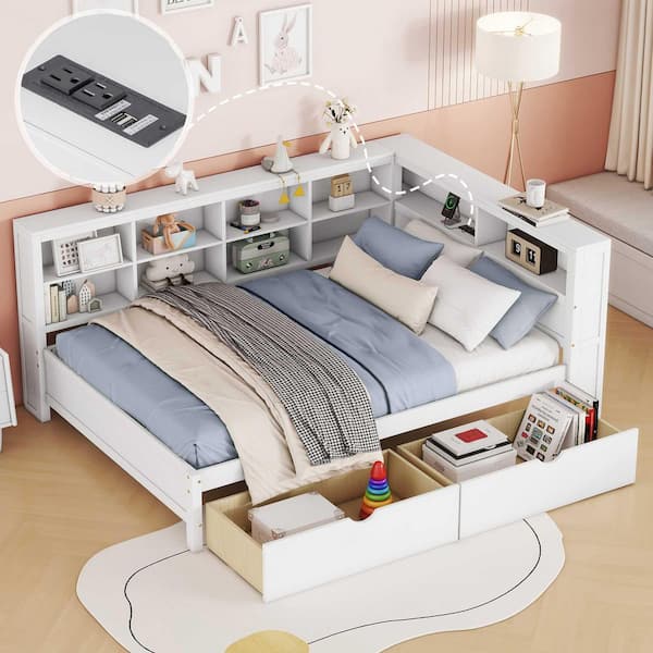 White Full Daybed with 2 Drawers, Storage Shelf and USB Charging Ports