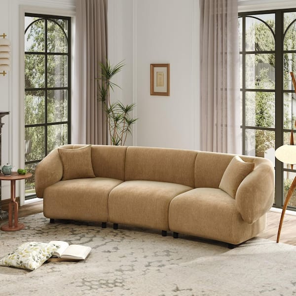 Vandor Modern 98.5 in. Round Arm Polyester Fabric Upholstery Rectangle 3-Seater Sofa in Mocha with Pillows