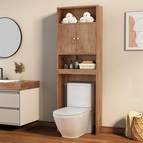 Zeus & Ruta 25 in. W x 77 in. H x 7.9 in. D Brown Over The Toilet Storage with Adjustable Shelves and Doors