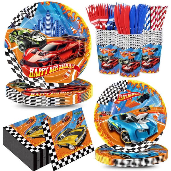168pcs Race Car Party Tableware Set with Plates Napkins Cups Straws Cutlery for 24 Guests Kids Birthday