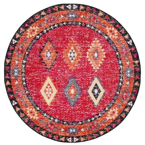 SAFAVIEH Montage Red/Black 7 ft. x 7 ft. Geometric Aztec Indoor/Outdoor Patio  Round Area Rug