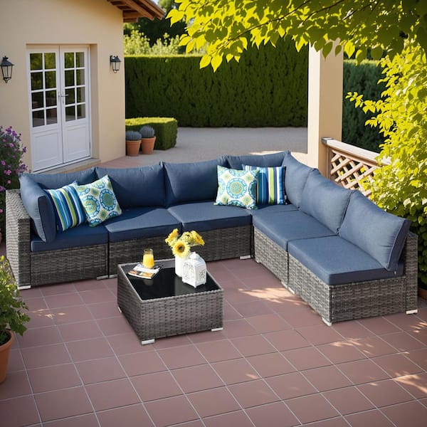 Helene Gray 7-Piece Wicker Outdoor Furniture Patio Conversation Sectional Sofa Set with Denim Blue Cushions