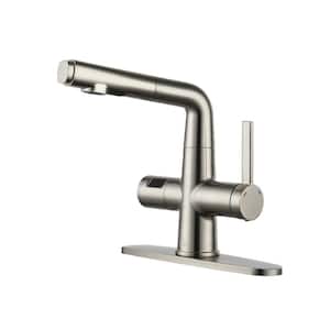 Digital Display Single Handle Single Hole Bathroom Basin Faucet with Dual Function Pull Out Sprayer in Brushed Nickel