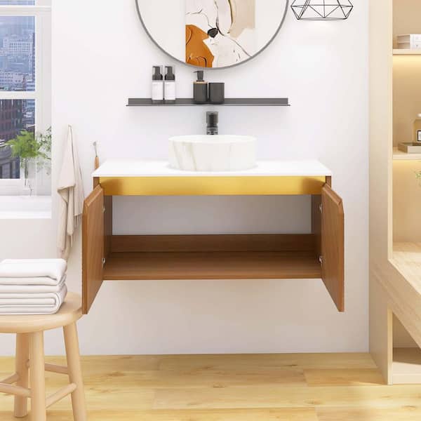 Yingze 36 in. Wall Mounted Single Sink Brown Oak Bath Vanity with