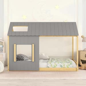 White and Natural Full Size House Bed with Roof and Window