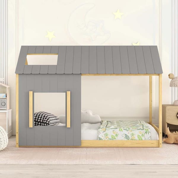 wetiny White and Natural Full Size House Bed with Roof and Window
