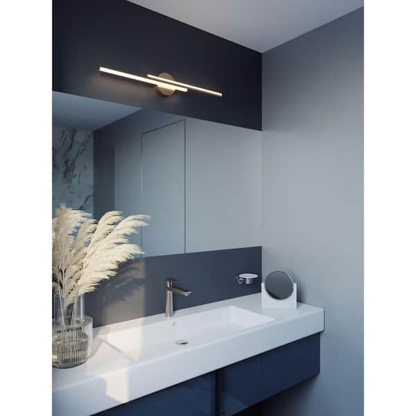 Ella 24.25 in. 2-Light Satin Brass, Frosted LED Vanity Light Bar with White Acrylic Shade