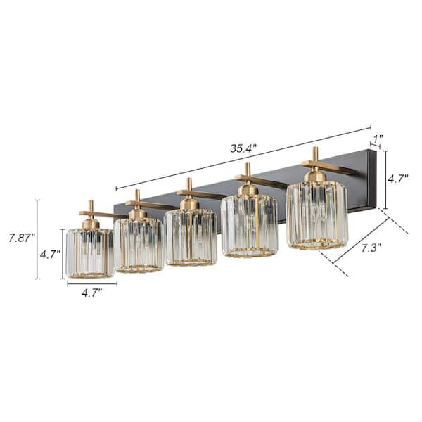 Orillia 35.4 in. 5-Light Black and Gold Bathroom Vanity Light with Crystal Shade Wall Sconce Over Mirror