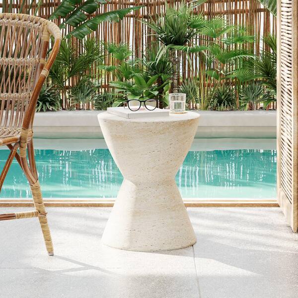CHRISTOPHER KNIGHT HOME Jorrel Outdoor Patio Round Hourglass Accent Table, Concrete, Beige Travertine
