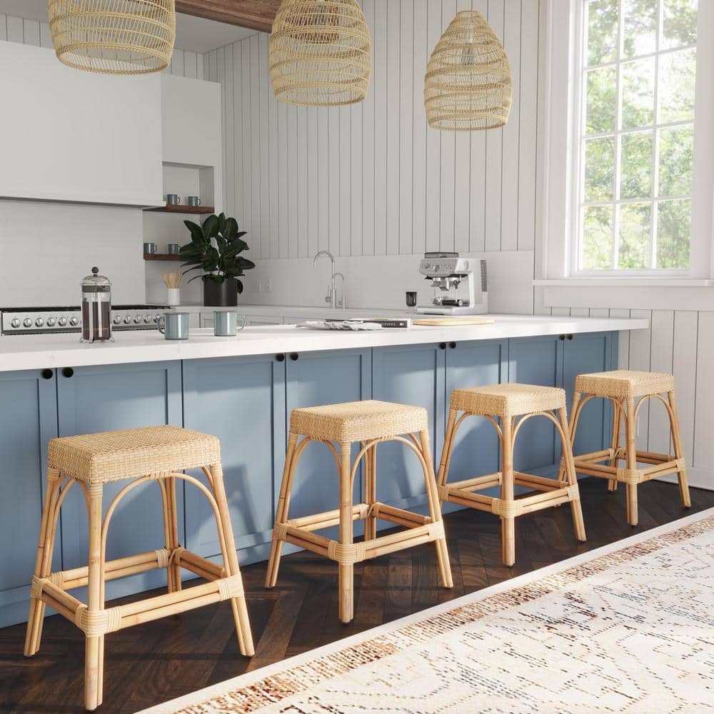 Cote d'Azur Inspired Natural Rattan and Wood Backless Counter Stool