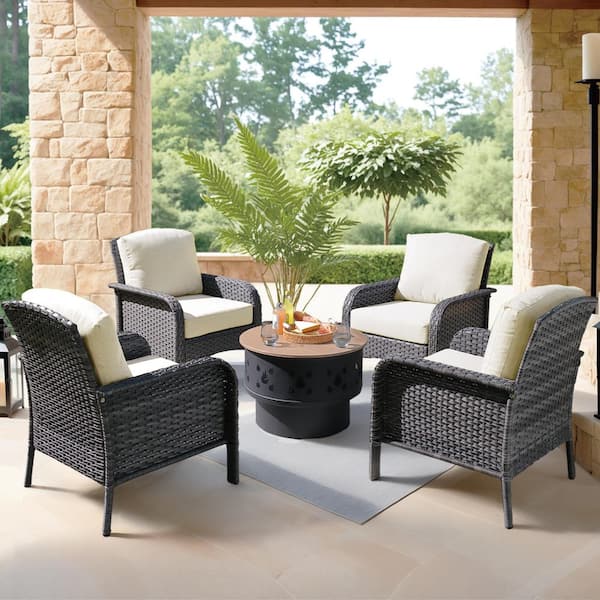 Denali Gray 5-Piece Wicker Outdoor Patio Conversation Chair Set with a Wood-Burning Fire Pit and Beige Cushions