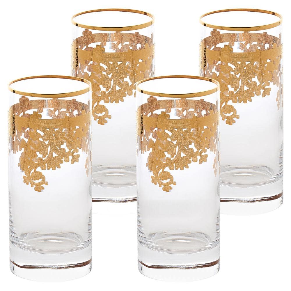 Elegant 24K Gold Floral Embellished Crystal Highball Tumblers, Set of 4