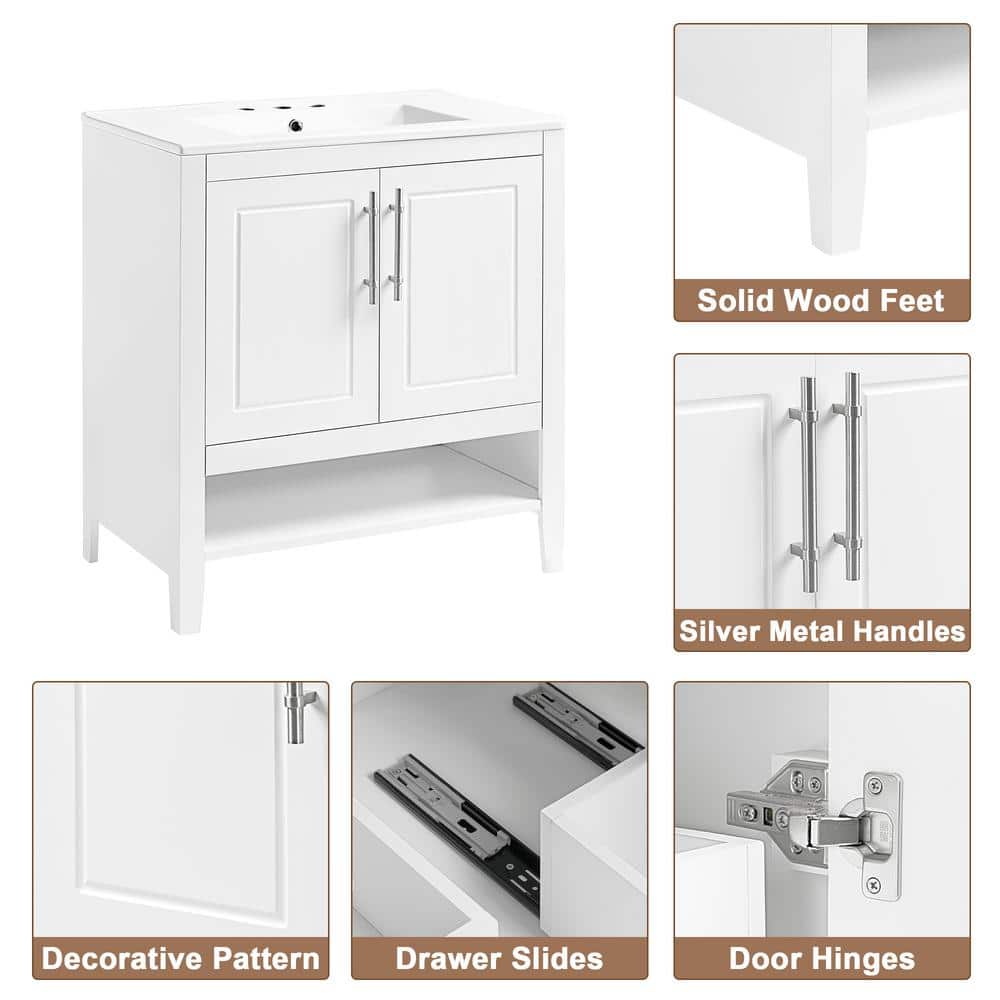 30" White Wood Freestanding Single Sink Bath Vanity with Ceramic Top